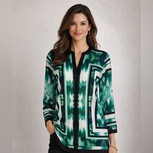 Calvin Klein Green and Black Patterned long sleeved blouse.